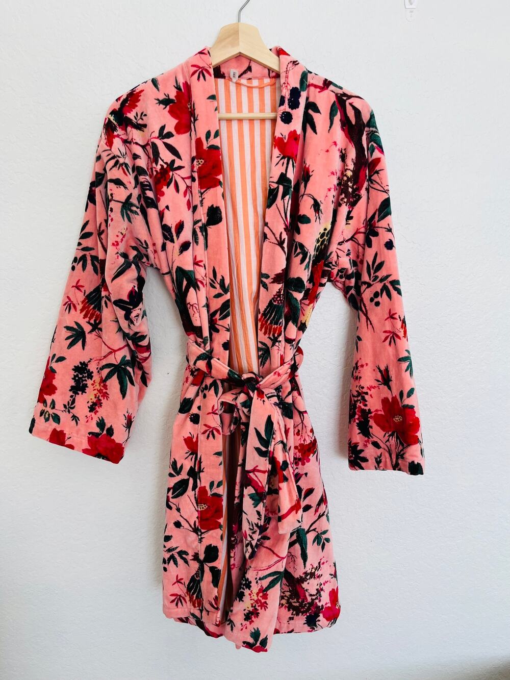 Pink Velvet Floral Bird Print Robe Kimono Dressing Gown Belted